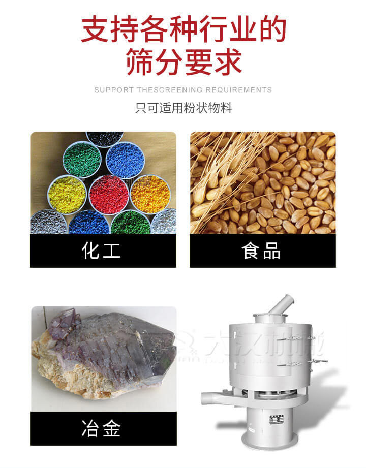 氣流篩用于礦粉，石墨粉，活性納米碳酸鈣，鋁灰，大豆粉，碳酸重鈣，石墨粉，木粉，干草，重金石粉，藥粉末，橡膠顆粒，草酸鹽，干料粉，木粉，聚酯粉，干粉，塑料，金屬粉末，橡膠粉，粉煤灰，石墨粉，陶瓷粉，鋅粉，石英粉，石灰粉，鐵粉，金屬硅粉等。