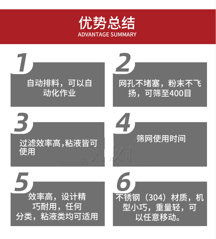 過濾篩優(yōu)勢總結(jié)：1，自動排料，可以自動化作用。2，網(wǎng)孔不堵塞，粉塵不飛揚，可篩至400目。3，過濾效率高，任何粒，粉，粘液也可使用。4，篩網(wǎng)設(shè)計大大提高了篩網(wǎng)使用時間，也魏換網(wǎng)提高了方便。5，效率高，設(shè)計精巧耐用，任何分類設(shè)計精巧耐用，任何分類，粘液類均可適用。6，不銹鋼材質(zhì)機型小巧，重量輕，可以任意移動。