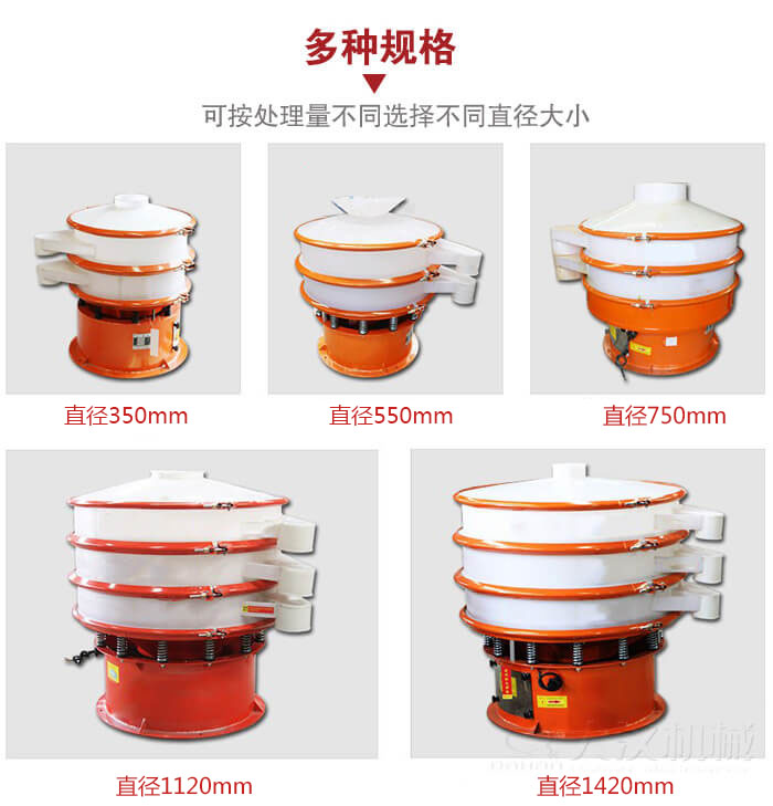 塑料振動篩不同篩分直徑進行展示：350，550，750，1120，1420等。
