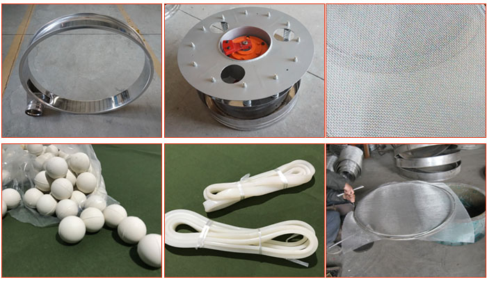 800型全不銹鋼振動(dòng)篩配件有：振動(dòng)篩篩框，電機(jī)，不銹鋼篩網(wǎng)等。