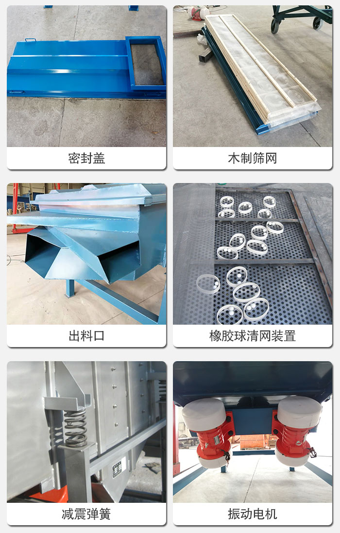 直線篩結(jié)構(gòu)展示：篩網(wǎng)，篩箱，振動(dòng)電機(jī)，振動(dòng)電機(jī)座，減震彈簧，支架等部件展示圖
