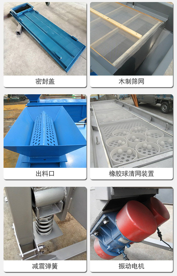 直線篩分機的結(jié)構(gòu)展示圖：篩箱是物料主要篩分設(shè)備之一，篩網(wǎng)用于篩分物料，振動電機幫助篩網(wǎng)篩分。