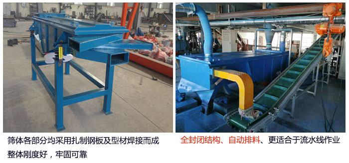 直線篩分機篩體各部分均采用扎制鋼板及型材焊接而成整體剛度好，牢固可靠；全封閉結(jié)構(gòu)、自動排料、更適合于流水線作業(yè)。