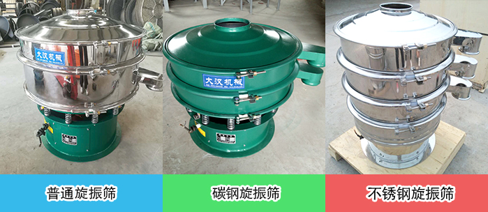 醫(yī)藥振動(dòng)篩常見(jiàn)材質(zhì)展示：碳鋼＋不銹鋼，不銹鋼，碳鋼等材質(zhì)展示
