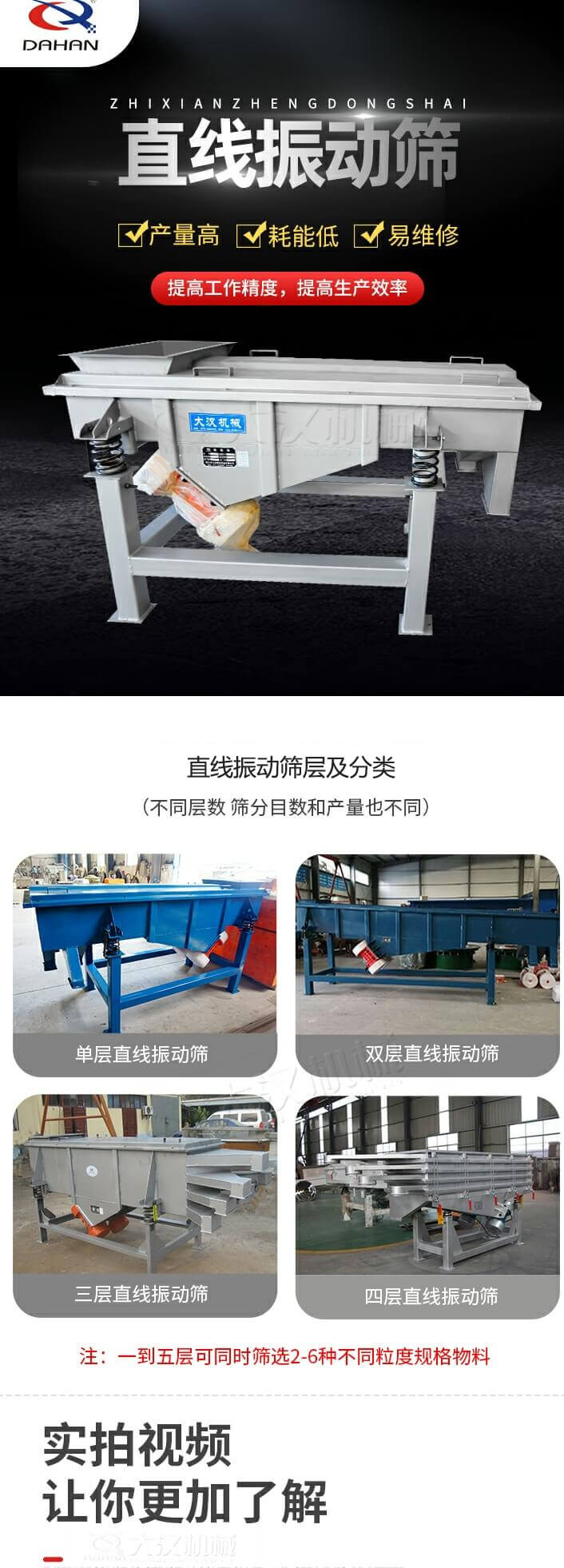 直線振動篩概述，產(chǎn)量高，耗能低，易維修，提高工作精度，提高生產(chǎn)效率，直線振動篩層級分類：不同層數(shù)，篩分目數(shù)和產(chǎn)量也不同：單層，雙層，三層，四層等。
