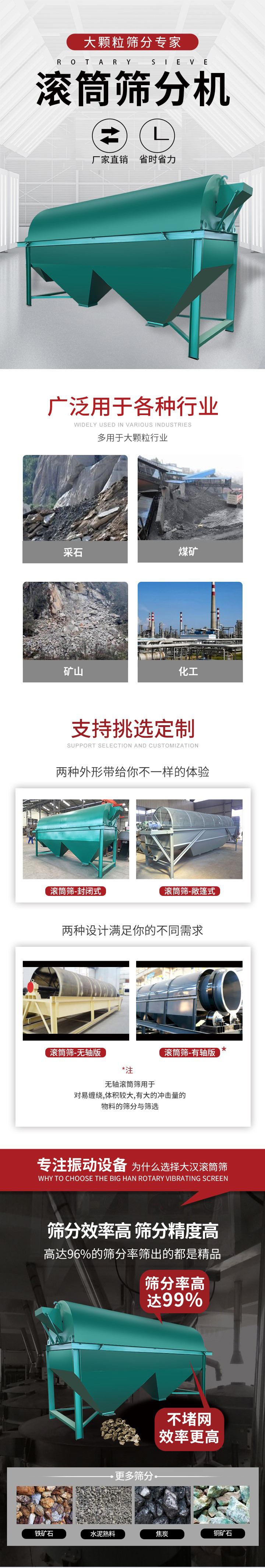 滾筒篩分機(jī)大顆粒篩分專(zhuān)家：廠(chǎng)家直銷(xiāo)，省時(shí)省力。滾筒篩被廣泛應(yīng)用各種行業(yè)：多用于大顆粒行業(yè)例如：采石，煤礦，礦山，化工等。滾筒篩定制類(lèi)型有哪些：封閉式與敞篷式產(chǎn)品結(jié)構(gòu)分為：無(wú)軸式，有軸式兩種，無(wú)軸滾筒篩用于對(duì)纏繞，體積較大，有大的沖擊量的物料的篩分與篩選。滾筒篩篩分效率高篩分精度能夠達(dá)到：96%也比較適用于鐵礦石，水泥熟料，焦炭，銅礦石。滾筒篩特點(diǎn)：不飛粉末：密封隔離罩，密封性好，工作過(guò)程不會(huì)出現(xiàn)飛粉現(xiàn)象。外型尺寸是按筒體長(zhǎng)計(jì)