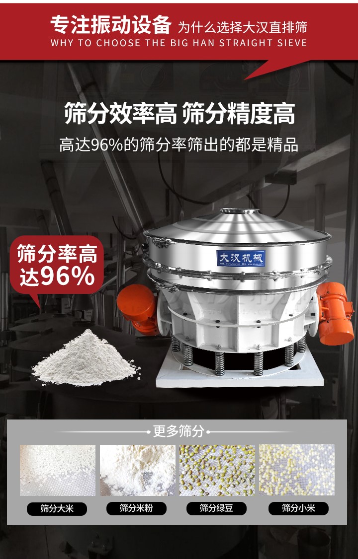 直排篩適用物料有面粉，淀粉，洗衣粉，金屬粉，添加劑，化工，非礦等行業(yè)。