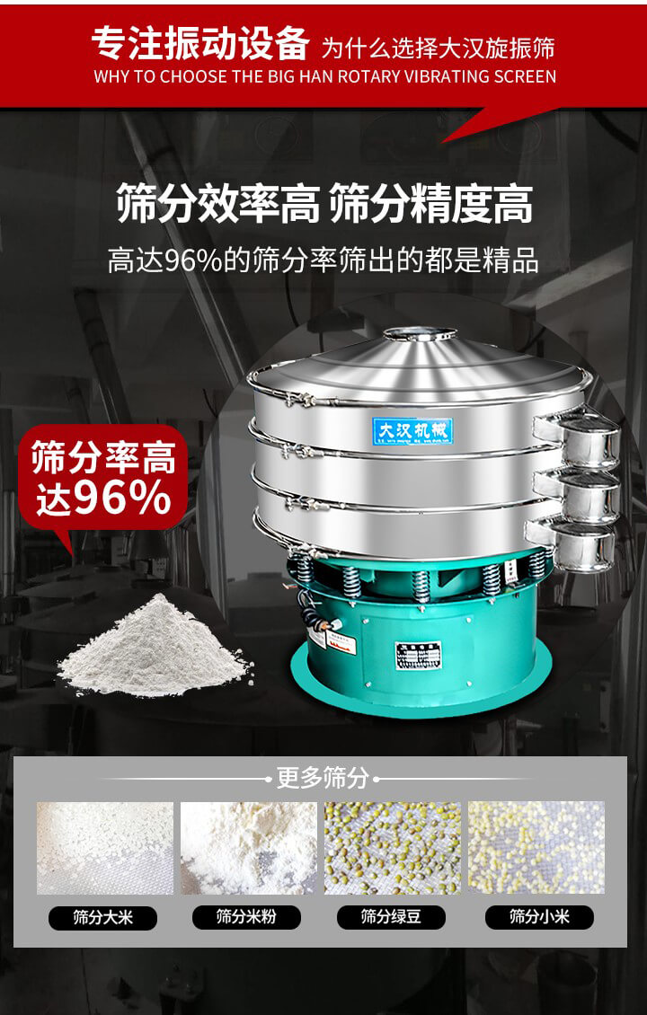 旋振篩結構：進料口，網(wǎng)架，防塵蓋，出料口，加重塊，束環(huán)，上部重錘，彈簧，下部重錘等。