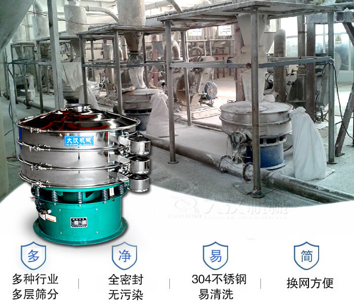 多種行業(yè)多層篩分采用全密封結(jié)構(gòu)，無污染。304不銹鋼材質(zhì)易清洗。同時換網(wǎng)方便。