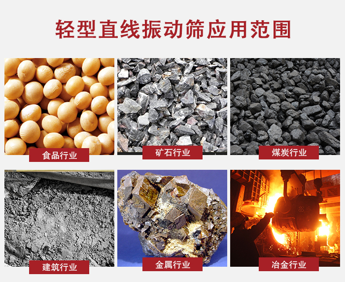 輕型直線振動篩應用范圍較廣多使用與顆粒狀，粉狀以及其它重型行業(yè)的輸送。