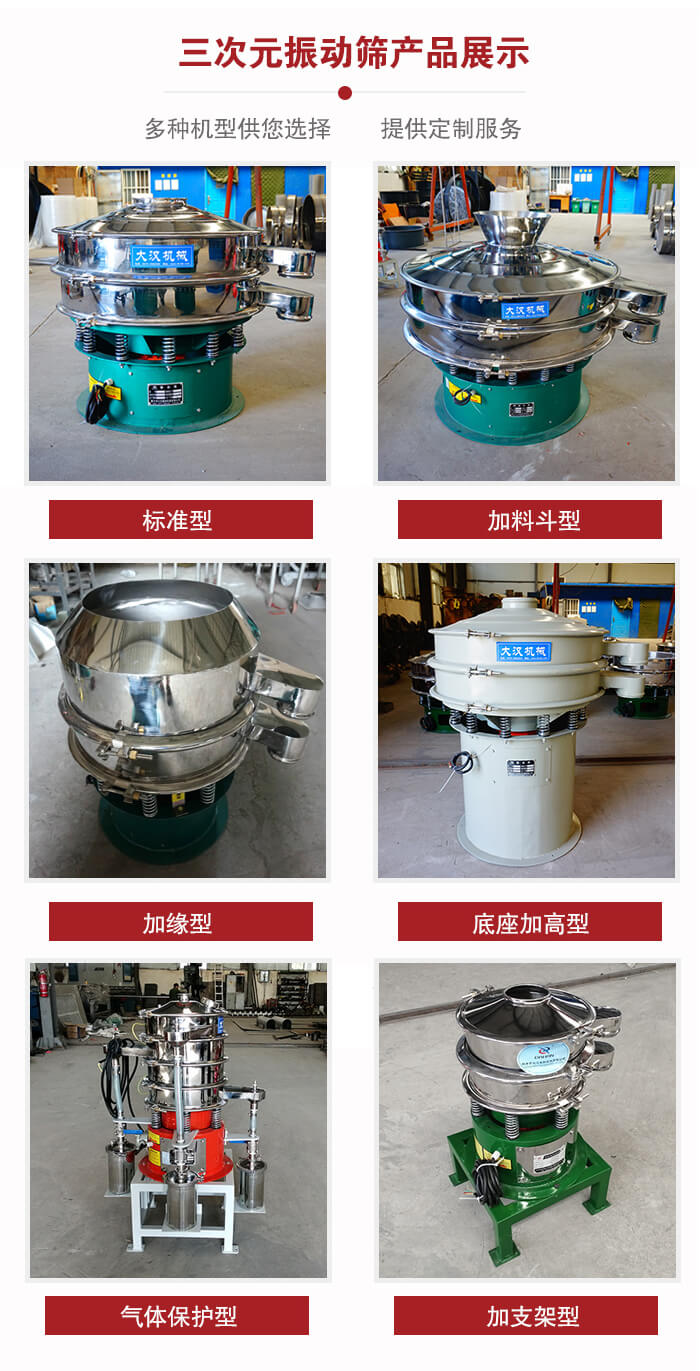 三次元振動(dòng)篩不同結(jié)構(gòu)展示：標(biāo)準(zhǔn)型，加料斗型，加緣型，底座加高型，氣體保護(hù)型，加支架型。