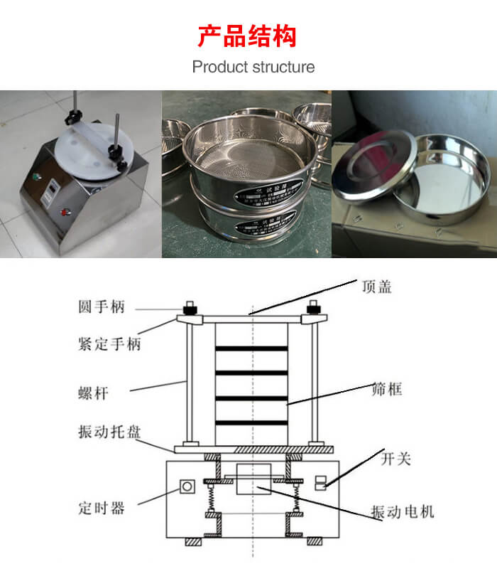 實(shí)驗(yàn)室振動(dòng)篩-試驗(yàn)篩結(jié)構(gòu)主要由：圓手柄，緊定手柄，螺桿，振動(dòng)托盤(pán)，篩框，頂蓋等。