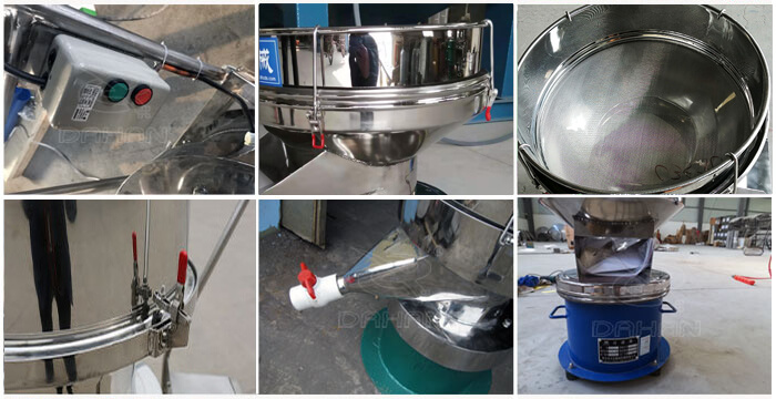 過濾篩細(xì)節(jié)展示：控制開關(guān)，篩框，出料口閥門，底座等