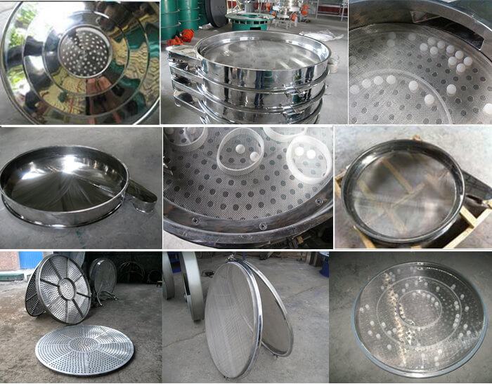 食品振動篩細(xì)節(jié)展示：防塵蓋，篩框，網(wǎng)架，底框等。